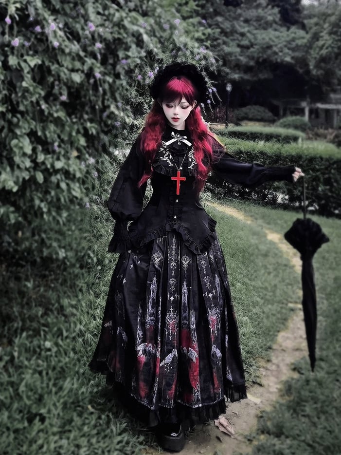 Black Angel Ruffled Pleat Box Gothic Skirt Red and Blouse Set Printed