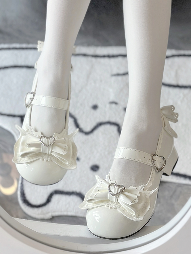 Sweet Lolita Blanc Lait Bowknot Boucle Cœur Sangle Talon Bloc Mary Janes