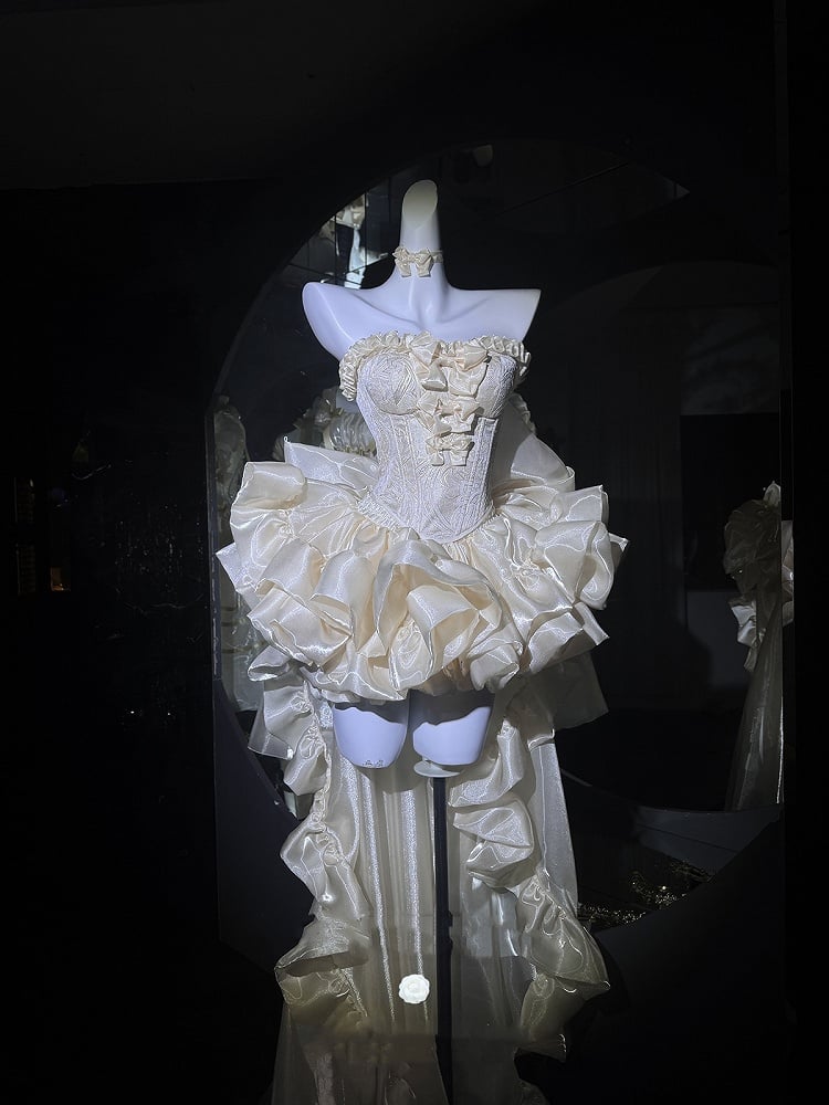 Set Balletcore + Full Top Train Big Bow Sleeves Skirt Corset Gold Lace-up