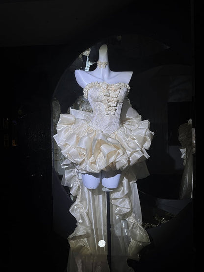 Set Balletcore + Full Top Train Big Bow Sleeves Skirt Corset Gold Lace-up