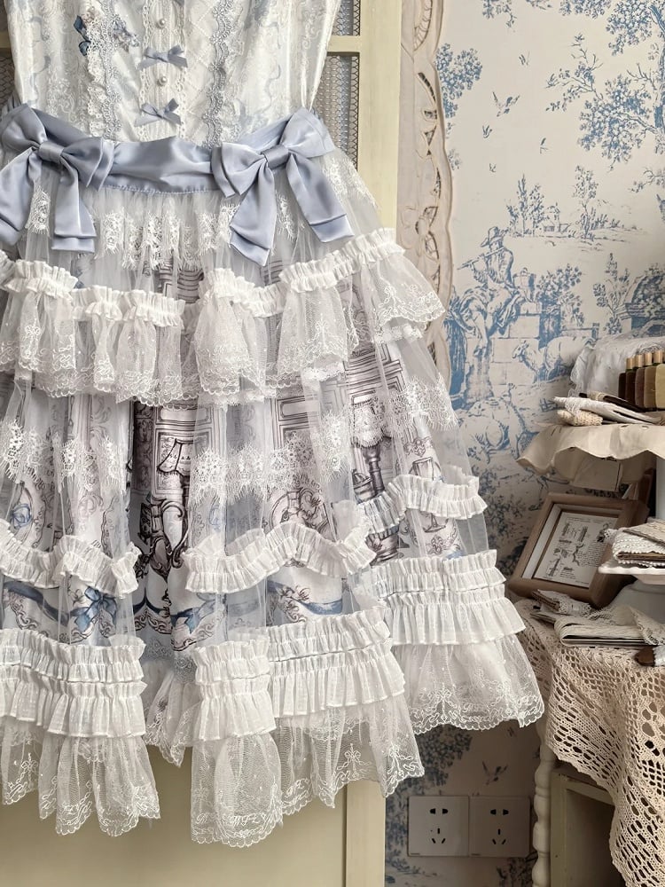 White Layered Lace Lolita Overlay with Blue Bowknots - Meng Fu Zi
