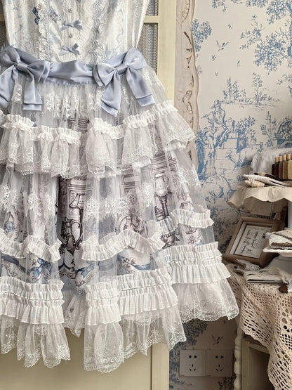 White Layered Lace Lolita Overlay with Blue Bowknots - Meng Fu Zi