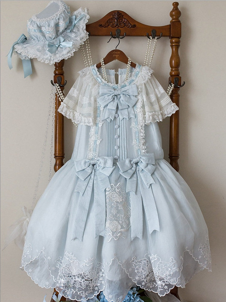 Blue Flutter Sleeve Lolita Dress with Bows and Scallop Trim
