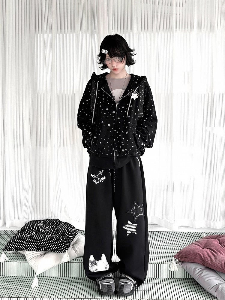Waistband Elastic Pants Appliques Black with Kawaii Star Daily