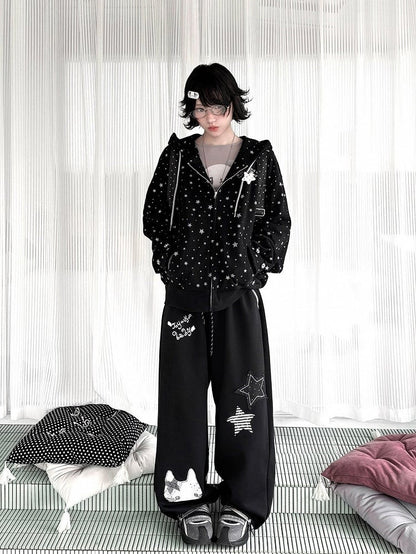 Waistband Elastic Pants Appliques Black with Kawaii Star Daily