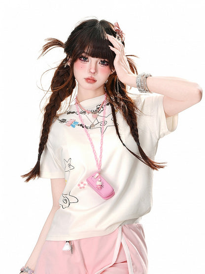 T-Shirt Glamorous – Weißes Rundhals-T-Shirt mit Sternenprint