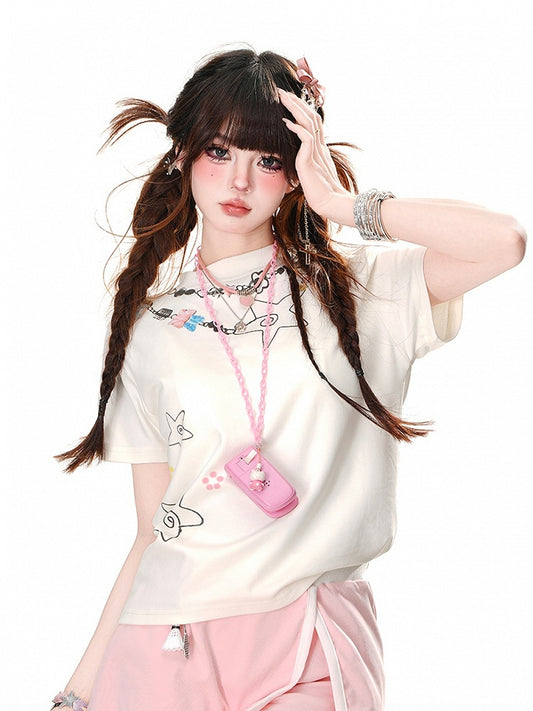 T-Shirt Glamorous – Weißes Rundhals-T-Shirt mit Sternenprint