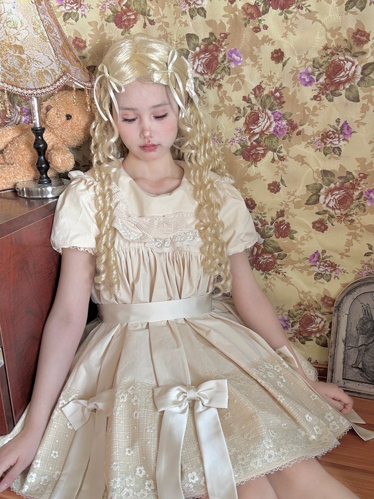 Sweet Beige Crew Neck Short Sleeve Lolita Dress Bow Accents - New Tea