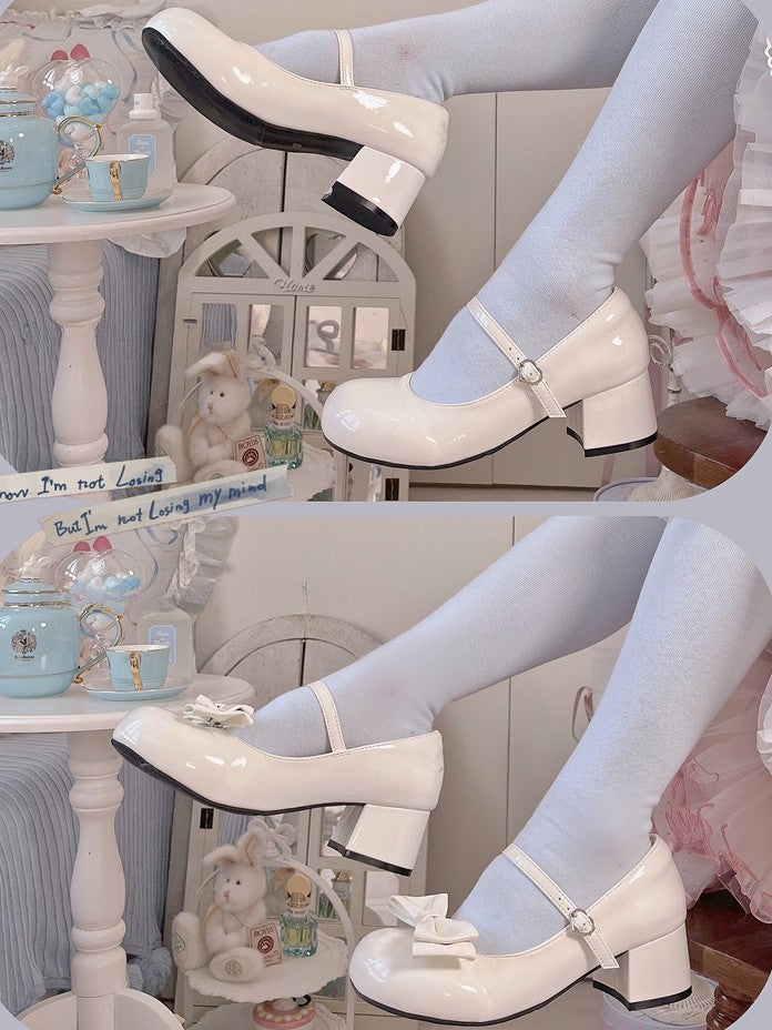 Mid for Off-white Lolita Round Janes Buckle Mary Toe Heart Sweet - with Bow Heel Detachable
