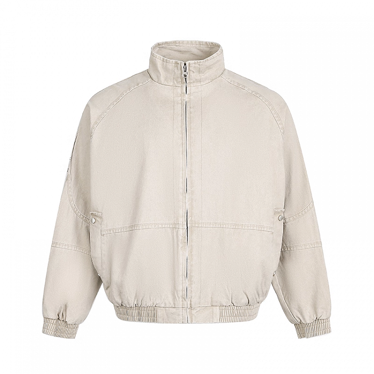 デザイン バンドカラー フェードウォッシュ ダメージ加工 ブルー/アプリコット ジャケット 秋 ジップアップ