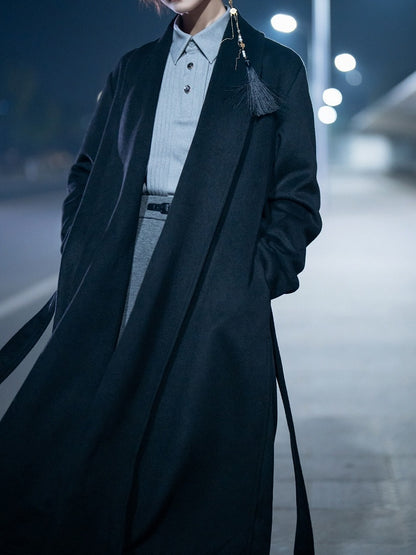 with Slit Black Open Belt Ouji Coat Side Placket Design Hem Unisex Set
