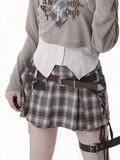Y2K Lace-up Black Detail Plaid Skort with Buckle Belt and Chain White/ Khaki