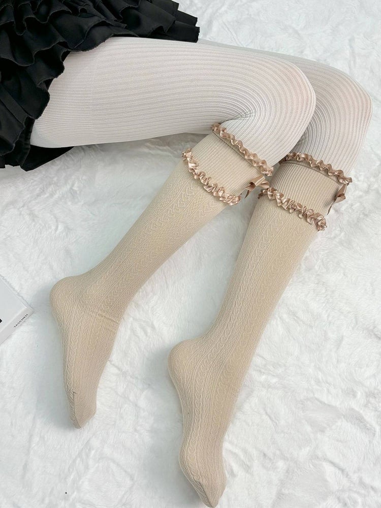 Bow Stockings Lolita Colors) Cable-Knit Style Ruffled (5