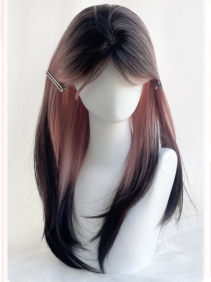 長さのある前髪のピンクウィッグヘアストレートカーテン60cmブラックオンブレカラー