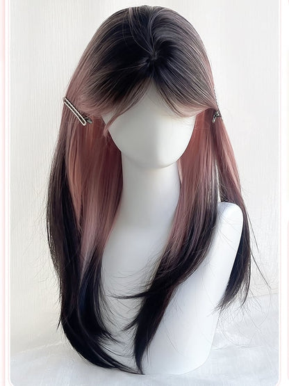 長さのある前髪のピンクウィッグヘアストレートカーテン60cmブラックオンブレカラー