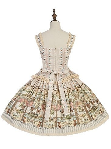 Printed Beige with Corset Square Lolita Sweet Dress Neckline Bear Lacing Pink
