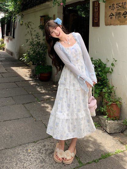 Trim Cuffs Light Blue Bowknot Ruffle Details Open Placket Chiffon Top