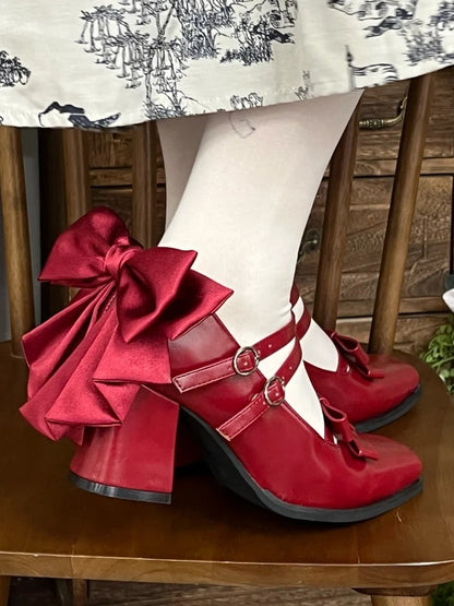 Square Lolita Block Buckles Heels Red Dual Elegant Bow High - Wine 6.5cm Toe Accents