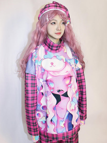 漫画とチェック柄プリントのオーバーサイズスウェットシャツ ギャルローズファッションレッド