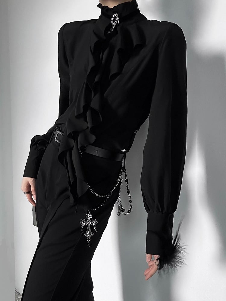 Ouji Lolita Vintage Black Bishop Sleeve Shirt with Cascading Ruffles & Detachable Obsidian Necklace