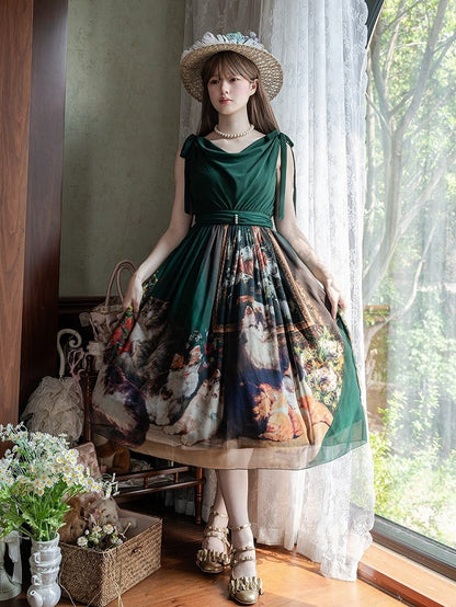 Dark Green Cat Oil Painting Print Elegant Lolita Maxi Dress with Cowl Neckline and Tie Straps