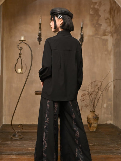 Gold Button Embroidery Black Placket Gothic Animal with Cheongsam Blouse