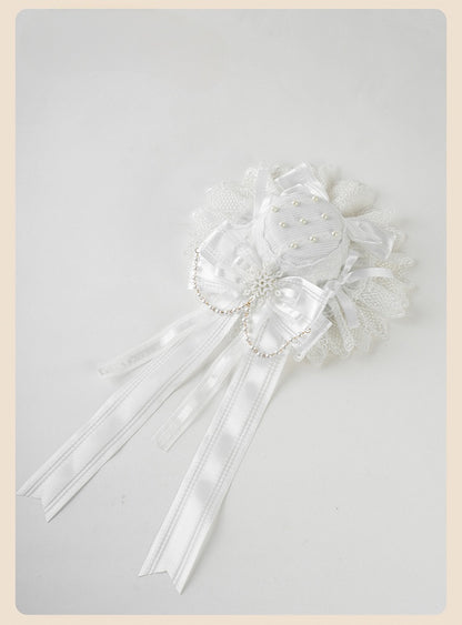 シロロリータ ホワイト ビッグリボン レーストリム スノーフレーク ミニハット ビーズチェーン付き