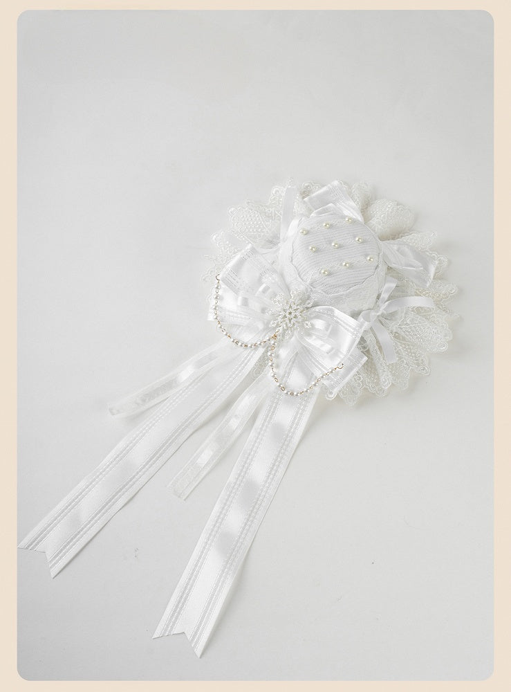 Shiro Lolita White Big Bow Lace Trim Snowflake Mini Hat with Beaded Chain