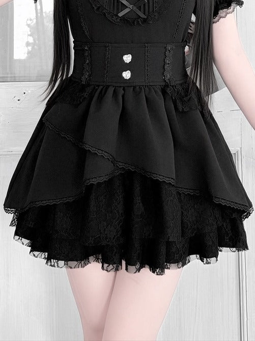 Jirai-Kei Black High-Waisted Lace Skirt - Jiuniang Cherry