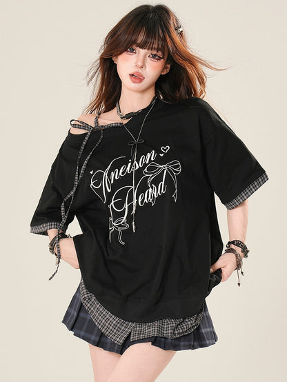 Musterträger Bittersweet Selbstbinden Kariertes T-Shirt Schwarz Asymmetrischer Ausschnitt