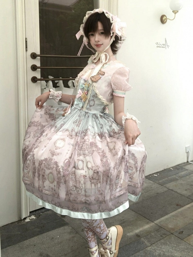 Rose & Mint Short Sleeve OP Gown with Bear Motif - Lunethe