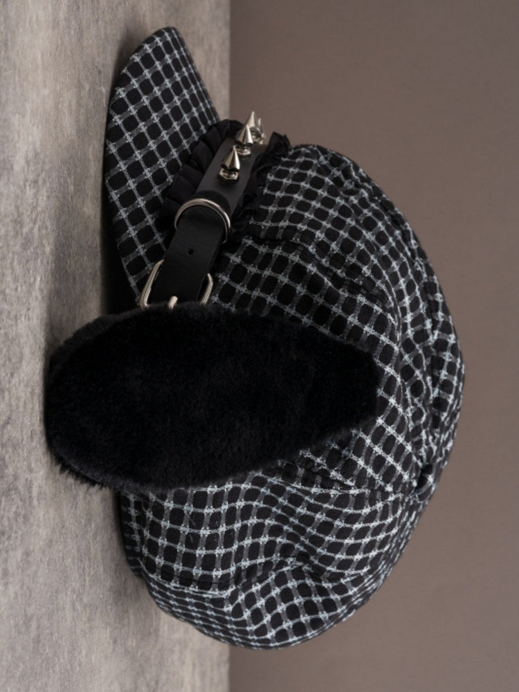 Hat Studs Black Buckle Plush Decorated Gothic Design Beret Ear Puppy