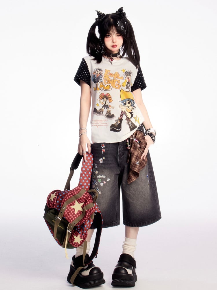 Cartoon Sticker Vintage Print Schwarz/Blau