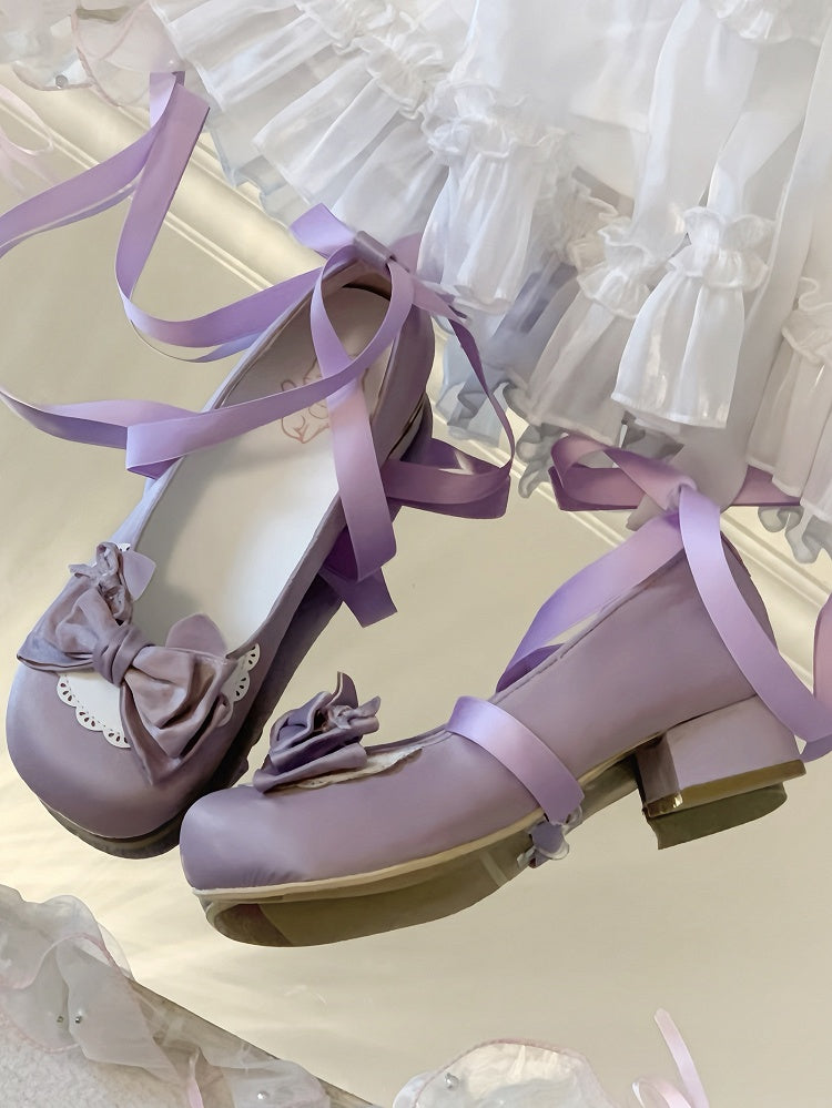 Scalloped Trim Design, Bow at Top & Removable Buckle Ankle Strap Satin Dusty Purple Low-heel Mary Janes in Sweet Lolita