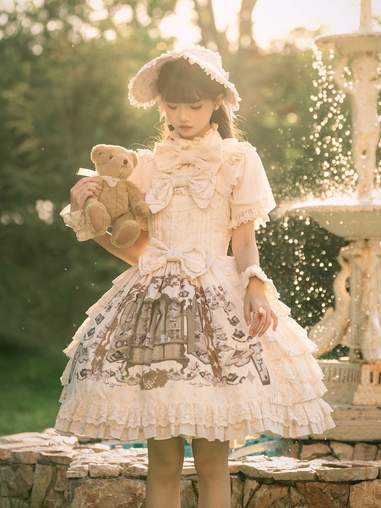 Beige Brown Bunny Print Ruffle Sweet Lolita Jumper Skirt with Bows - NnSTAR
