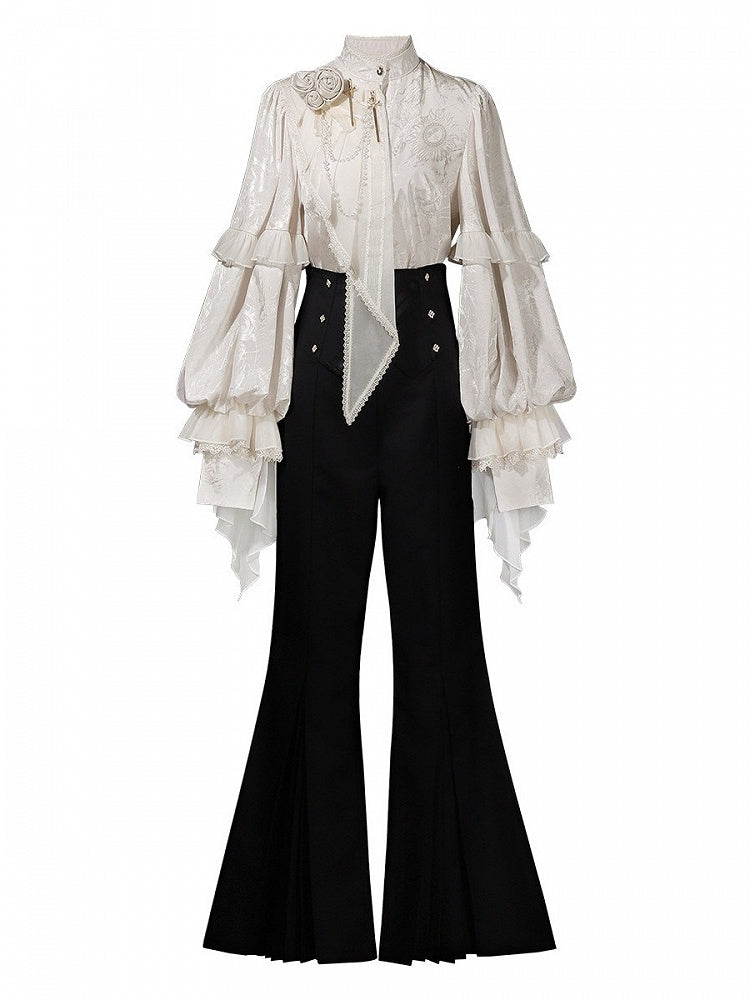 Beige Long Sleeves Jacquard Ouji Style Shirt with Rose and Bead Chains + Black High Waisted Flared Pants Set - Unknown Star