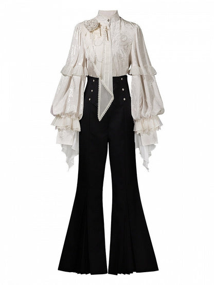 Beige Long Sleeves Jacquard Ouji Style Shirt with Rose and Bead Chains + Black High Waisted Flared Pants Set - Unknown Star