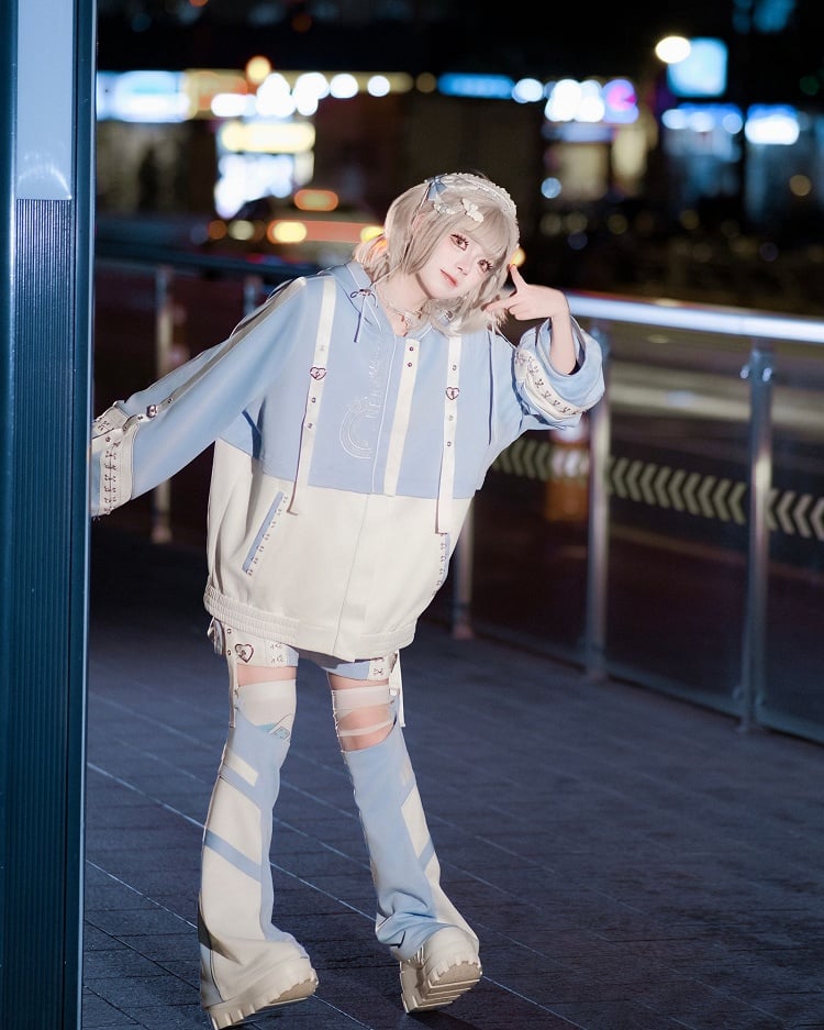 Blue - + Kaiwai J-Style Detachable Futuristic Set Shorts Jacket Leg Coord Light Warmers Tenshi