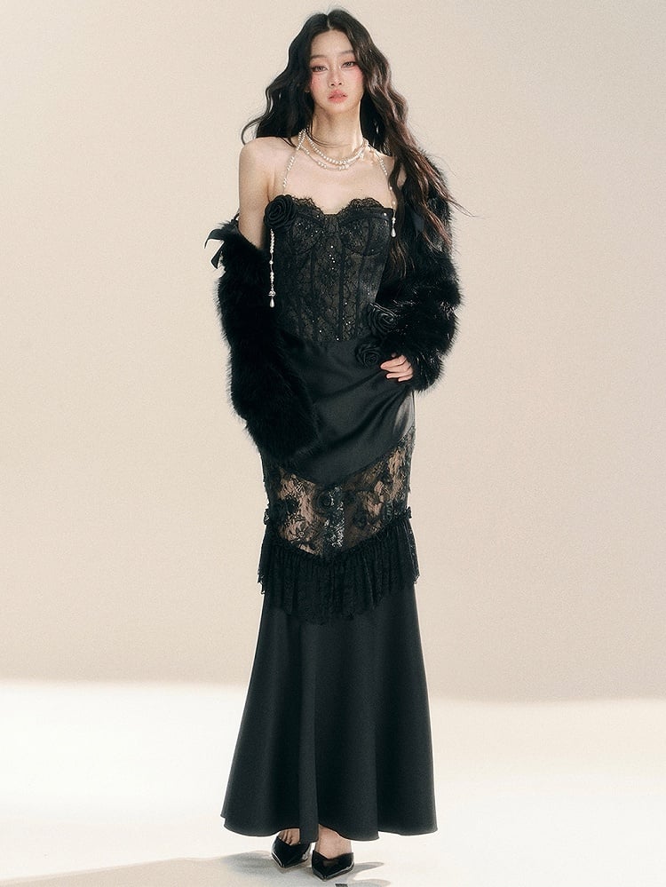 ブラックフローラルレースコルセットボディスパッチワークドレスイブニングガウン