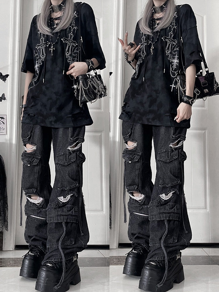 Devil Sleeve Gothic BlackGray Print Hoodiewith Horn HoodCross Short Tie-Dye