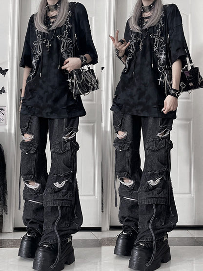 Devil Sleeve Gothic BlackGray Print Hoodiewith Horn HoodCross Short Tie-Dye