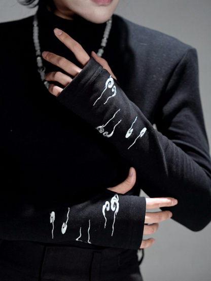 Black Turtleneck Long Sleeve Top with Embroidered Cuffs & Detachable Shoulder Pads
