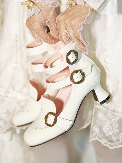 Details Lolita Elegant Mid-Heel Three-Strap Mary Rose Creamy Janes Closure White Romantic -