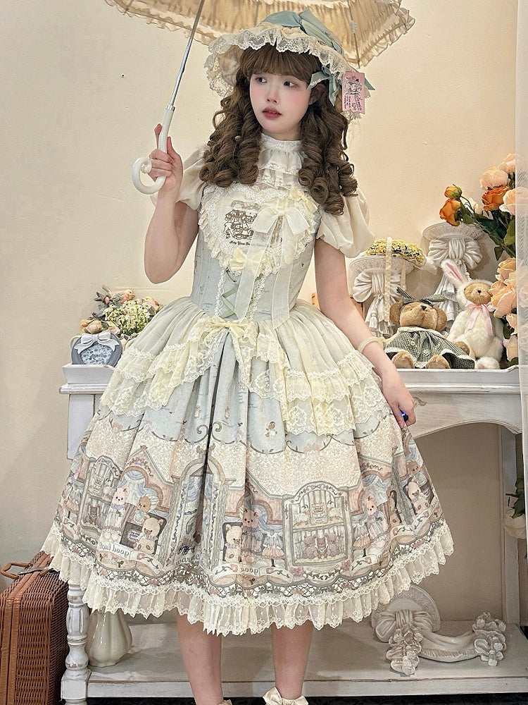 グリーン/ベージュのボーンウエストテディスイートロリータジャンパースカート