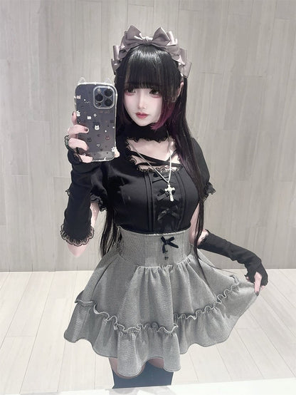 with Criss-Cross Top Sleeves Kei | Neckline Detachable Knit Arm Mint Jirai Dusty