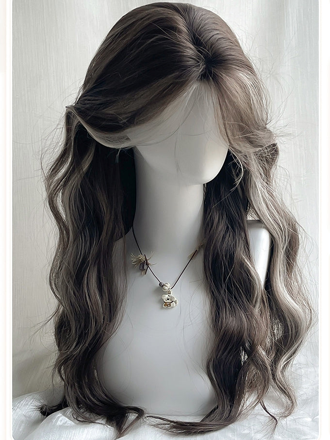 前髪ありブラウン 65cm ハイライトウィッグ 長さ カーテン ウェーブ グレー