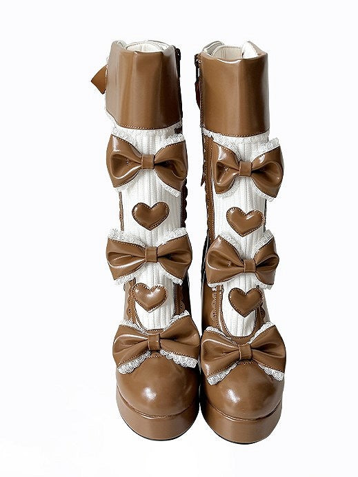 Boots High-heel Cuff Lolita Platform Elegant Fold-over Brown with Back Lacing