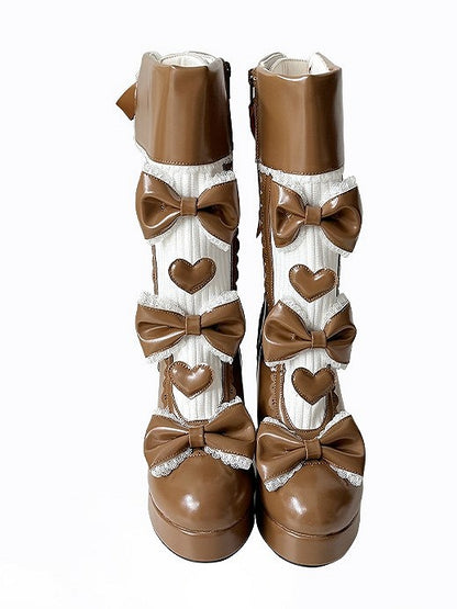 Boots High-heel Cuff Lolita Platform Elegant Fold-over Brown with Back Lacing