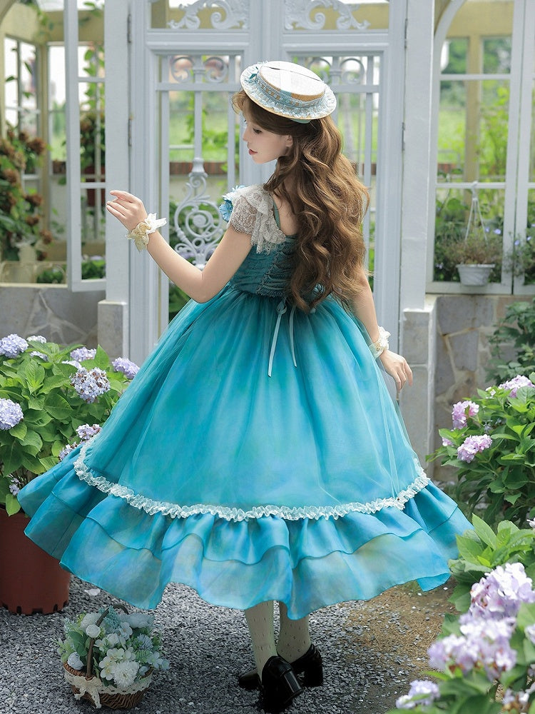 Teal Flutter-Sleeve JSK Dress with Lace-Up Back and Tiered Skirt - With PUJI