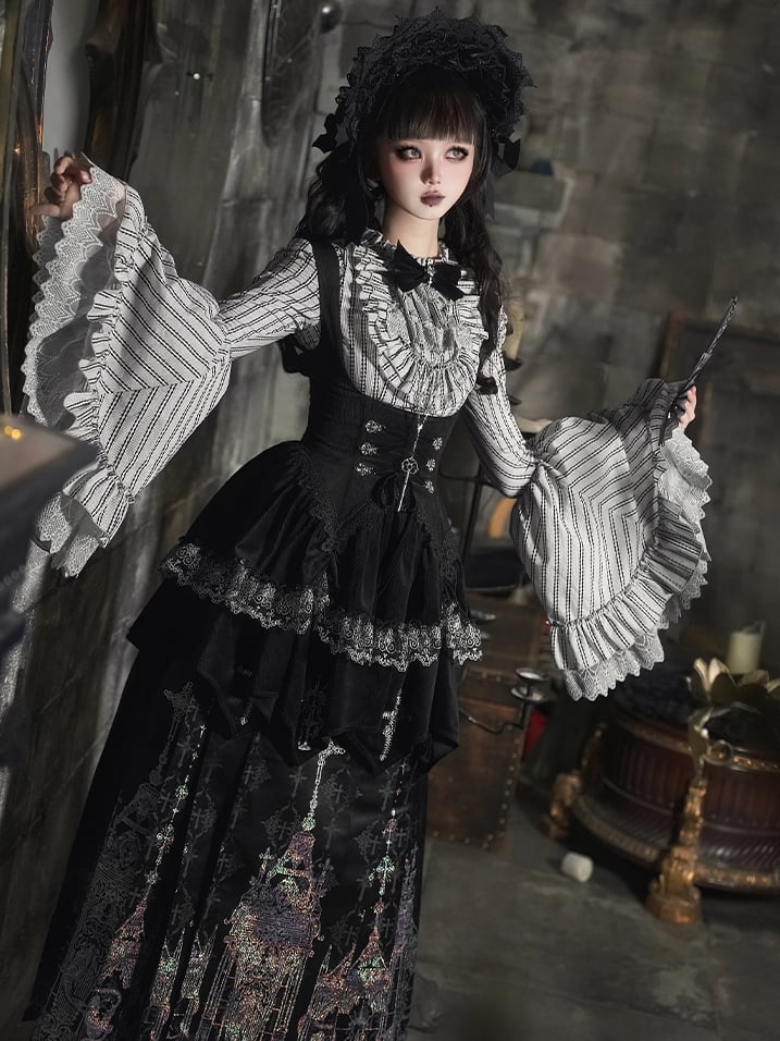 Bell Black Lace Gray Trim Striped Lolita Sleeves Gothic Shirt with Bowtie